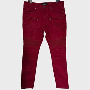 Makobi Core Denim Biker Jeans Red Men's Size 36X34 Distressed Ripped Slim-Fit